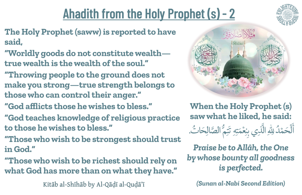The Holy Prophet (saww) is reported to have said, 
“Worldly goods do not constitute wealth—true wealth is the wealth of the soul.” 
"God afflicts those he wishes to bless.”
“Those who wish to be strongest should trust in God.”
