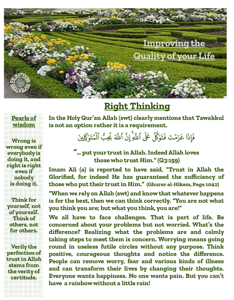 Imam Ali (a) is reported to have said, “Trust in Allah the Glorified, for indeed He has guaranteed the sufficiency of those who put their trust in Him.”  (Ghurar al-Hikam, Page 1042)
“When we rely on Allah (swt) and know that whatever happens is for the best, then we can think correctly. “You are not what you think you are; but what you think, you are!” 