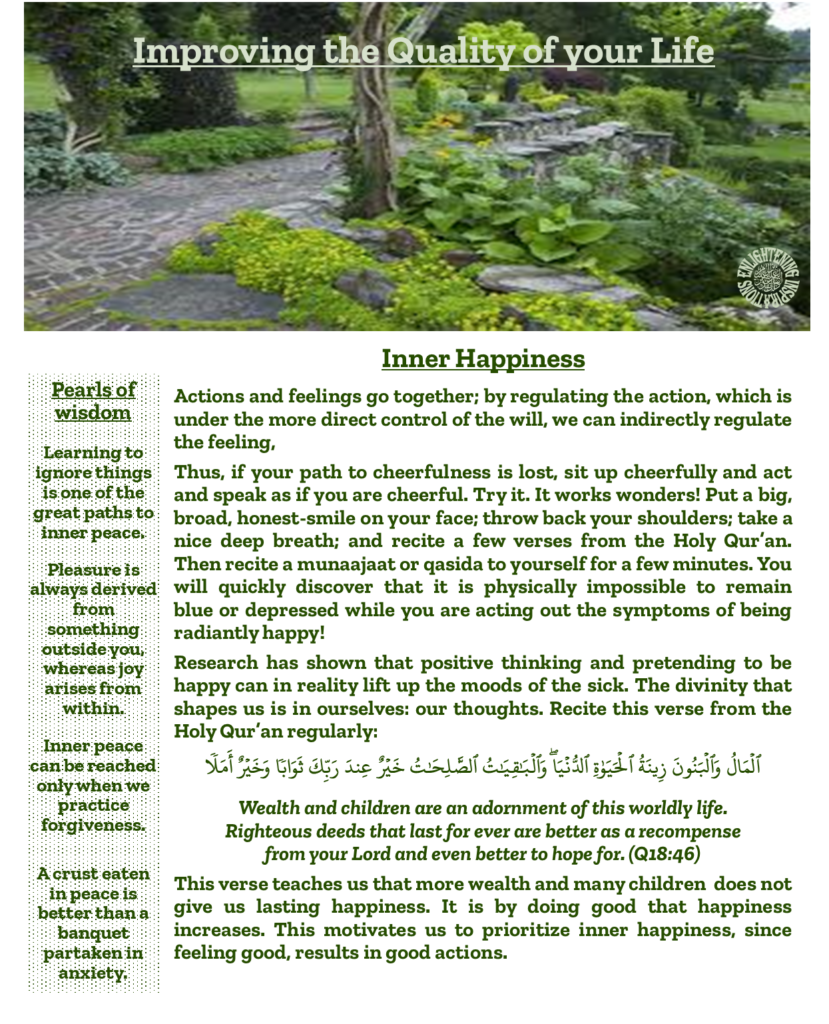Actions and feelings go together; by regulating the action, which is under the more direct control of the will, we can indirectly regulate the feeling,  
Thus, if your path to cheerfulness is lost, sit up cheerfully and act and speak as if you are cheerful. Try it. It works wonders! Put a big, broad, honest-smile on your face; throw back your shoulders; take a nice deep breath; and recite a few verses from the Holy Qur’an. Then recite a munaajaat or qasida to yourself for a few minutes. You will quickly discover that it is physically impossible to remain 
blue or depressed while you are acting out the symptoms of being radiantly happy! 
Research has shown that positive thinking and pretending to be happy can in reality lift up the moods of the sick. The divinity that shapes us is in ourselves: our thoughts. 