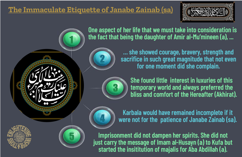 One aspect of her life that we must take into consideration is the fact that being the daughter of Amir al-Mu’mineen (a), she showed courage, bravery, strength and sacrifice in such great magnitude that not even for one moment did she complain. 
