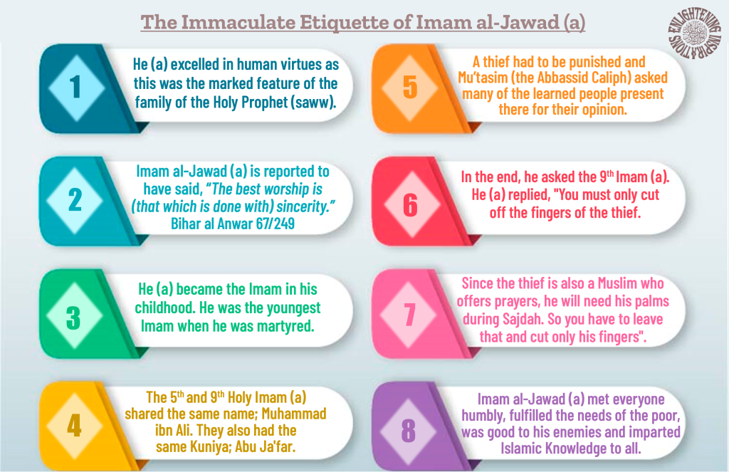 Imam al-Jawad (a) is reported to 
have said, “The best worship is 
(that which is done with) sincerity.”   
Bihar al Anwar 67/249
He (a) became the Imam in his 
childhood. He was the youngest Imam when he was martyred. 
The 5th and 9th Holy Imam (a) 
shared the same name; Muhammad ibn Ali. They also had the same Kuniya; Abu Ja'far.
