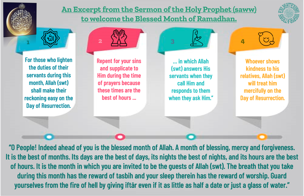 “O People! Indeed ahead of you is the blessed month of Allah. A month of blessing, mercy and forgiveness. 
It is the best of months. Its days are the best of days, its nights the best of nights, and its hours are the best of hours. It is the month in which you are invited to be the guests of Allah (swt). The breath that you take during this month has the reward of tasbih and your sleep therein has the reward of worship. Guard 
yourselves from the fire of hell by giving iftār even if it as little as half a date or just a glass of water.”