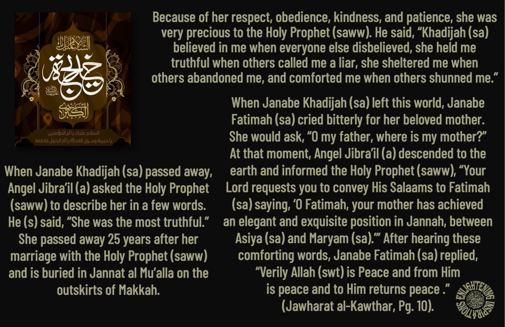 Because of her respect, obedience, kindness, and patience, she was very precious to the Holy Prophet (saww). He said, “Khadijah (sa) believed in me when everyone else disbelieved, she held me truthful when others called me a liar, she sheltered me when others abandoned me, and comforted me when others shunned me.”
When Janabe Khadijah (sa) passed away, Angel Jibra’il (a) asked the Holy Prophet (saww) to describe her in a few words. He (s) said, “She was the most truthful.” 
She passed away 25 years after her marriage with the Holy Prophet (saww) and is buried in Jannat al Mu’alla on the outskirts of Makkah. 