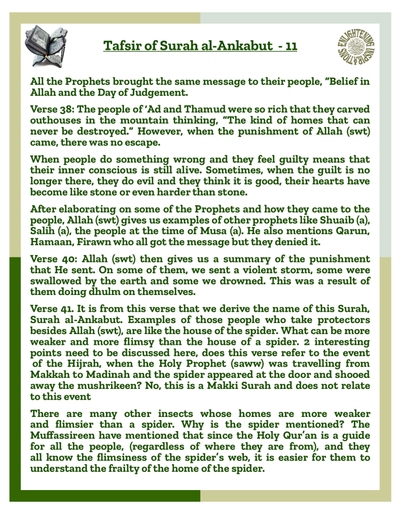 Verse 40: Allah (swt) then gives us a summary of the punishment 
that He sent. On some of them, we sent a violent storm, some were swallowed by the earth and some we drowned. This was a result of them doing dhulm on themselves. 
Verse 41. It is from this verse that we derive the name of this Surah, Surah al-Ankabut. Examples of those people who take protectors 
besides Allah (swt), are like the house of the spider. What can be more weaker and more flimsy than the house of a spider. 2 interesting points need to be discussed here, does this verse refer to the event
 of the Hijrah, when the Holy Prophet (saww) was travelling from Makkah to Madinah and the spider appeared at the door and shooed away the mushrikeen? No, this is a Makki Surah and does not relate to this event
There are many other insects whose homes are more weaker 
and flimsier than a spider. Why is the spider mentioned? The Muffassireen have mentioned that since the Holy Qur’an is a guide for all the people, (regardless of where they are from), and they 
all know the flimsiness of the spider’s web, it is easier for them to 
understand the frailty of the home of the spider. 