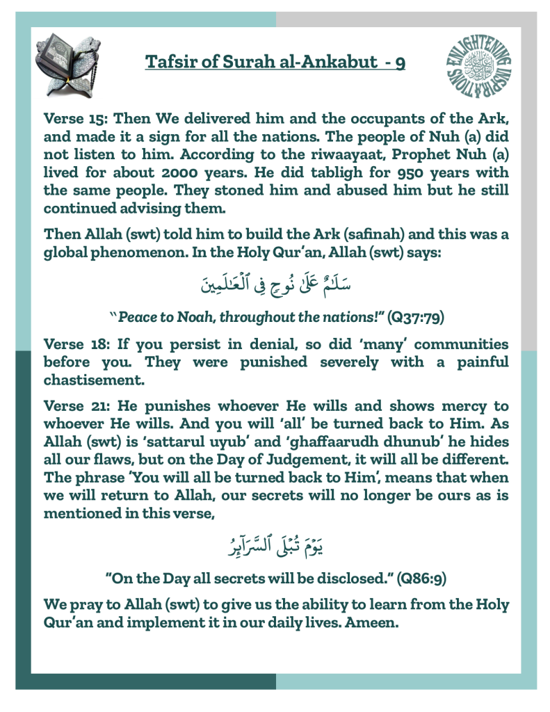 Verse 18: If you persist in denial, so did ‘many’ communities 
before you. They were punished severely with a painful 
chastisement. 
Verse 21: He punishes whoever He wills and shows mercy to 
whoever He wills. And you will ‘all’ be turned back to Him. As 
Allah (swt) is ‘sattarul uyub’ and ‘ghaffaarudh dhunub’ he hides all our flaws, but on the Day of Judgement, it will all be different. The phrase ’You will all be turned back to Him’, means that when we will return to Allah, our secrets will no longer be ours 