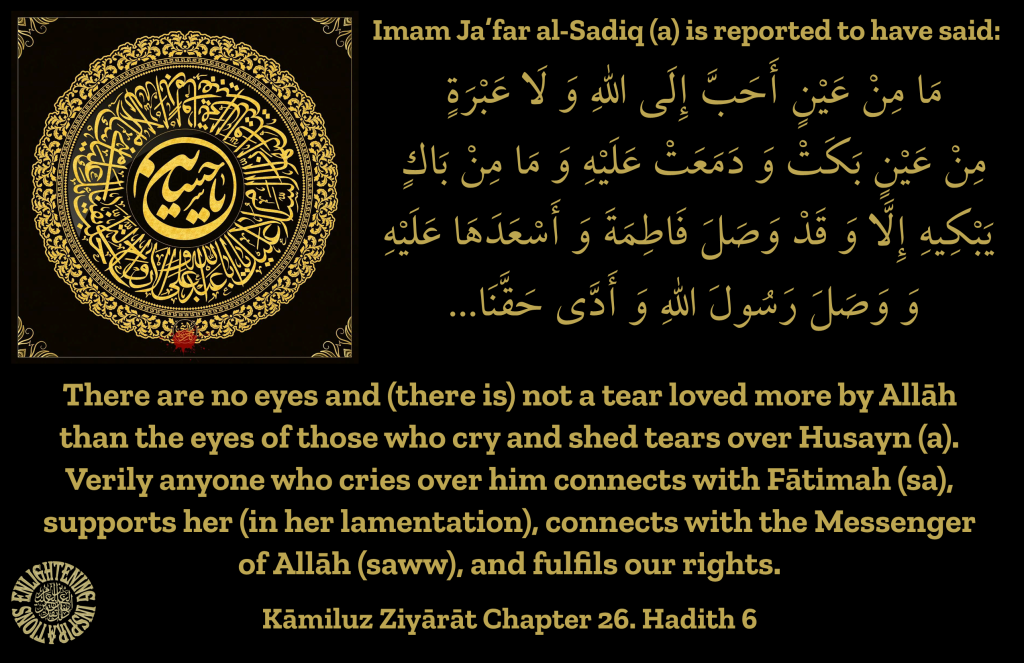 There are no eyes and (there is) not a tear loved more by Allāh 
than the eyes of those who cry and shed tears over Husayn (a). 
Verily anyone who cries over him connects with Fātimah (sa), 
supports her (in her lamentation), connects with the Messenger 
of Allāh (saww), and fulfils our rights. 

Kāmiluz Ziyārāt Chapter 26. Hadith 6