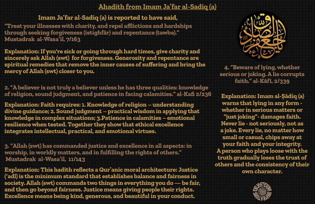 4. “Beware of lying, whether serious or joking. A lie corrupts faith.” al-Kāfī, 2/339 

 Explanation: Imam al-Ṣādiq (a) warns that lying in any form -whether in serious matters or 
“just joking”- damages faith. 
Never lie - not seriously, not as 
a joke. Every lie, no matter how small or casual, chips away at 
your faith and your integrity. 
A person who plays loose with the truth gradually loses the trust of others and the consistency of their own character.