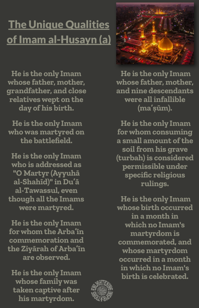He is the only Imam who is addressed as "O Martyr (Ayyuhā 
al-Shahīd)" in Du’ā  al-Tawassul, even though all the Imams were martyred.
He is the only Imam for whom the Arba’īn commemoration and 
the Ziyārah of Arba’īn are observed.
