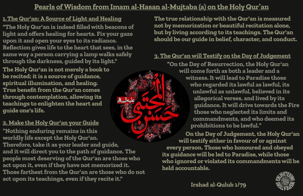 The Qur'an: A Source of Light and Healing
"The Holy Qur'an is indeed filled with beacons of light and offers healing for hearts. Fix your gaze upon it and open your eyes to its radiance. 
Reflection gives life to the heart that sees, in the same way a person carrying a lamp walks safely through the darkness, guided by its light." 
The Holy Qur'an is not merely a book to be recited; it is a source of guidance, spiritual illumination, and healing. True benefit from the Qur'an comes through contemplation, allowing its teachings to enlighten the heart and guide one's life.
