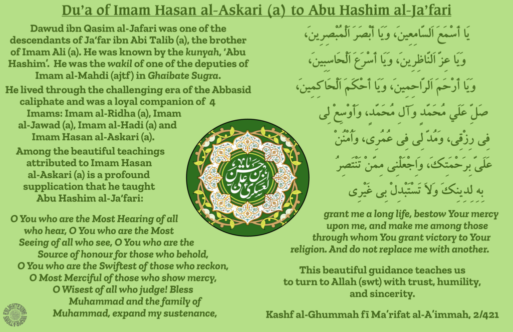 Dawud ibn Qasim al-Jafari was one of the 
descendants of Ja‘far ibn Abi Talib (a), the brother of Imam Ali (a). He was known by the kunyah, ‘Abu Hashim’.  He was the wakil of one of the deputies of Imam al-Mahdi (ajtf) in Ghaibate Sugra.
He lived through the challenging era of the Abbasid caliphate and was a loyal companion of  4 Imams: Imam al-Ridha (a), Imam 
al-Jawad (a), Imam al-Hadi (a) and Imam Hasan al-Askari (a).